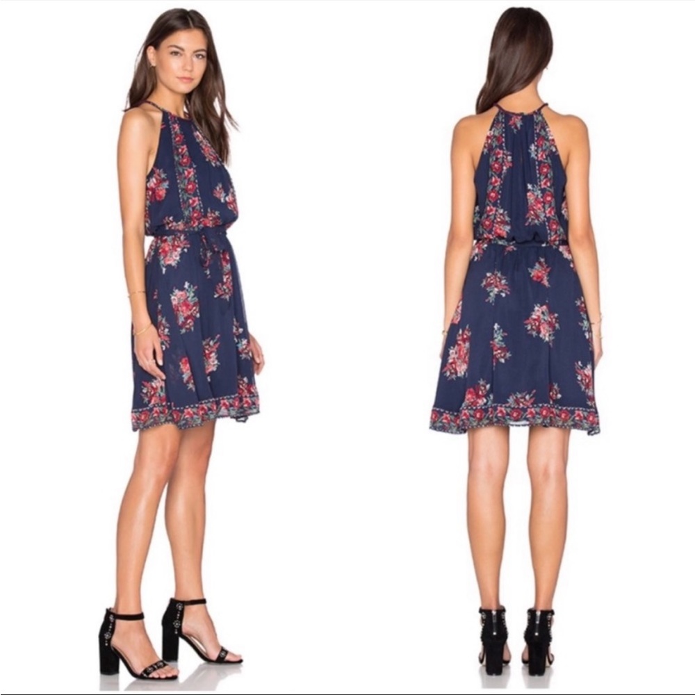 Joie Blue and Red Floral Silk Dress, Halter Style. Valetta.
